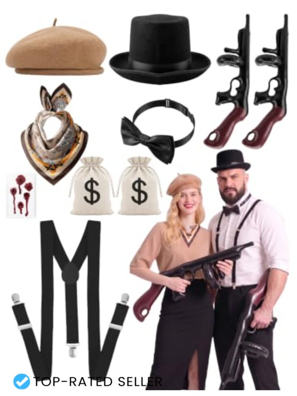 Gangster Couple Costume Accessory Set Adjustable Suspenders Hats Bow Tie